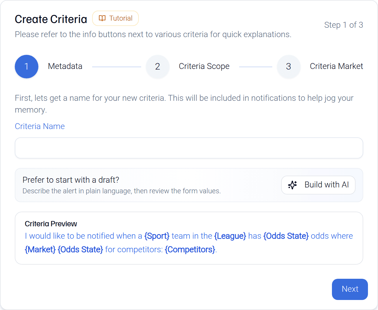 The first step of the Create Criteria form with a new panel under the name field reading 'Prefer to start with a draft? Describe the alert in plain language, then review the form values', and a Build with AI button.
