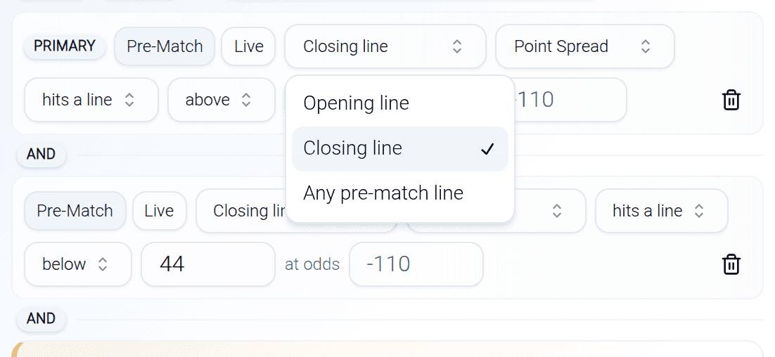 A pre-match condition row with its line selector open, listing Opening line, Closing line (checked) and Any pre-match line.