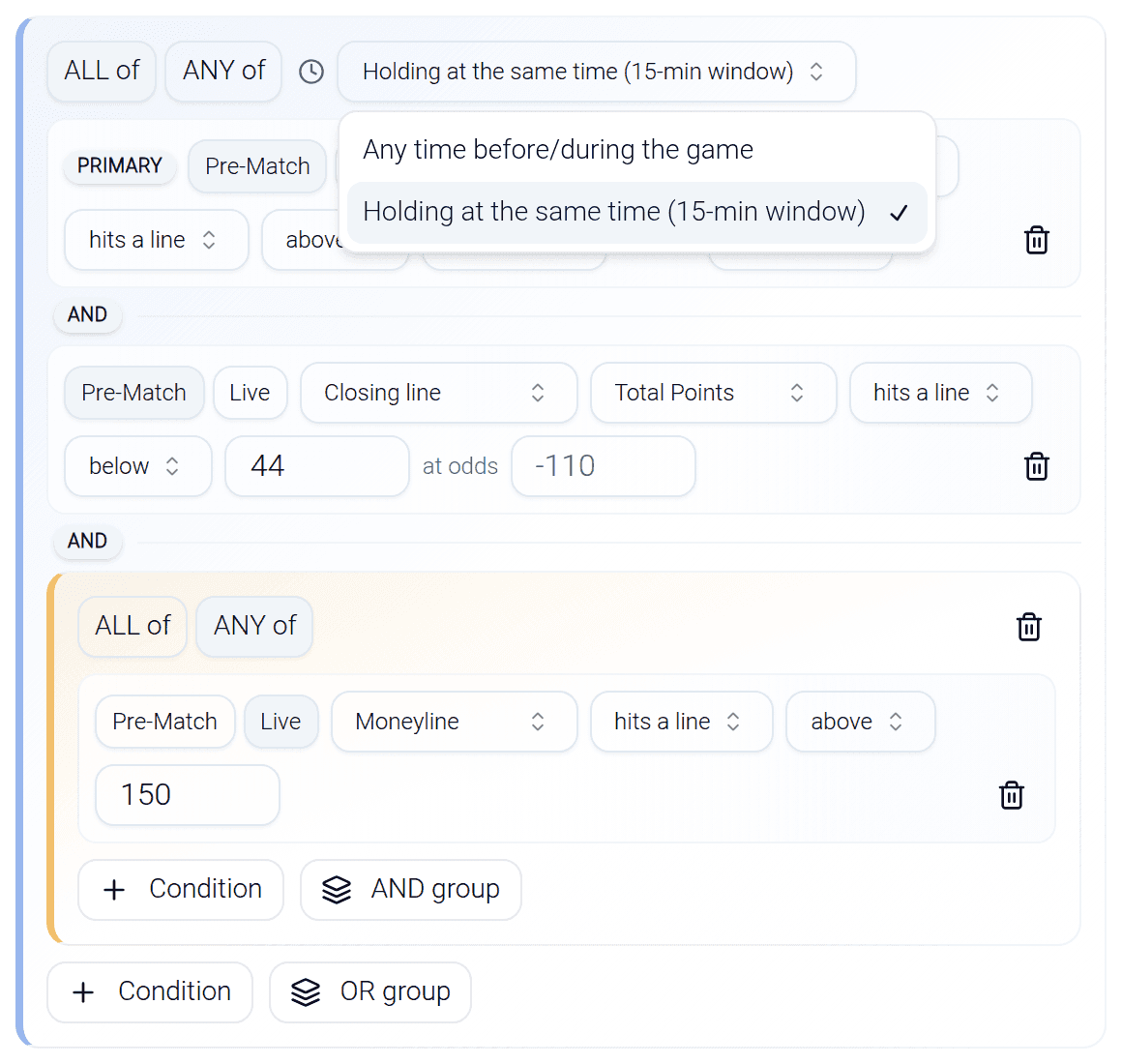 The root AND group of the compound editor with its timing selector open, offering Any time before/during the game or Holding at the same time (15-minute window), with the second option checked.