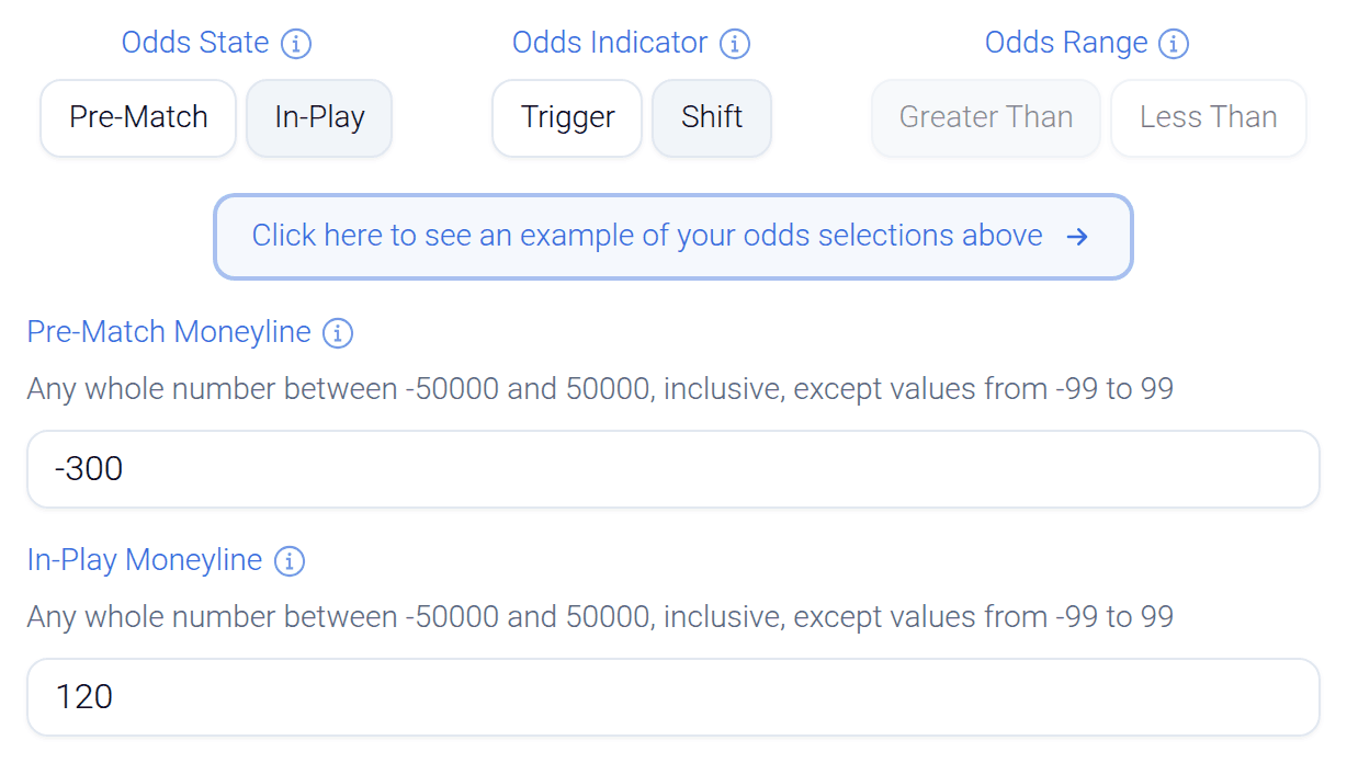 The same market step with Odds Indicator switched to Shift. The Odds Range toggles are disabled and two value fields appear: Pre-Match Moneyline containing -300 and In-Play Moneyline containing 120.